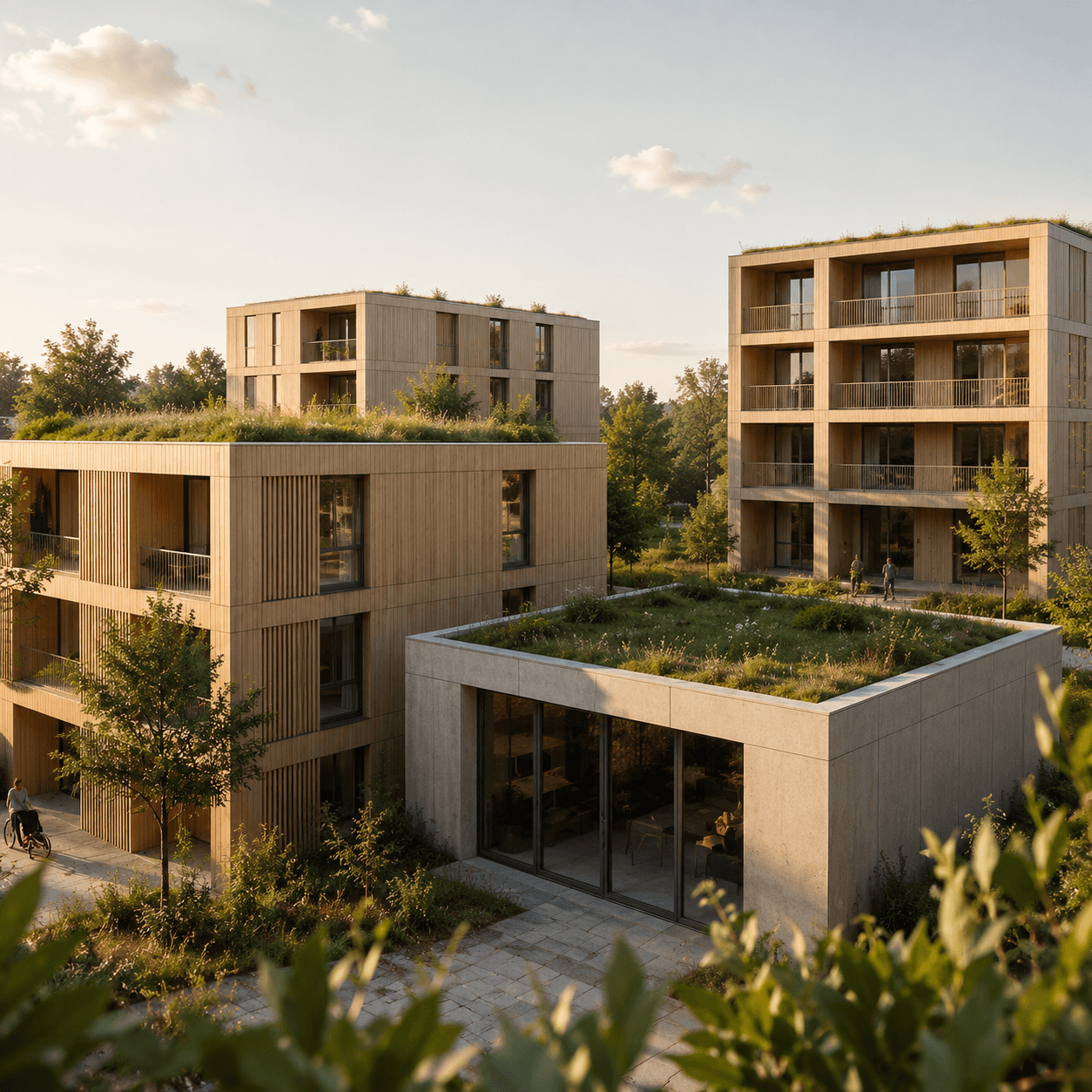 Modernes modulares Wohngebäude von NEO mit Holzfassade, begrünten Dächern und nachhaltiger Architektur – betreut durch BOYSEN & BRANDS im Bereich B2B-Kommunikation und Business Storytelling.