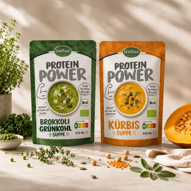 JÉRÔME Bio Protein Suppen als modernes Produkt-Stillleben mit Kräutern, Körnern und Kürbis – betreut durch BOYSEN & BRANDS im Bereich Marke, Marketing und Kommunikation.