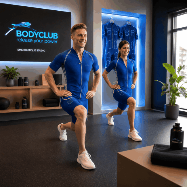 BODYCLUB EMS Boutique Studio mit trainierenden Models in blauen EMS-Anzügen – betreut durch Jörn Boysen im Bereich Marketing, Positionierung, Kommunikationsdesign und Vertriebsunterlagen.
