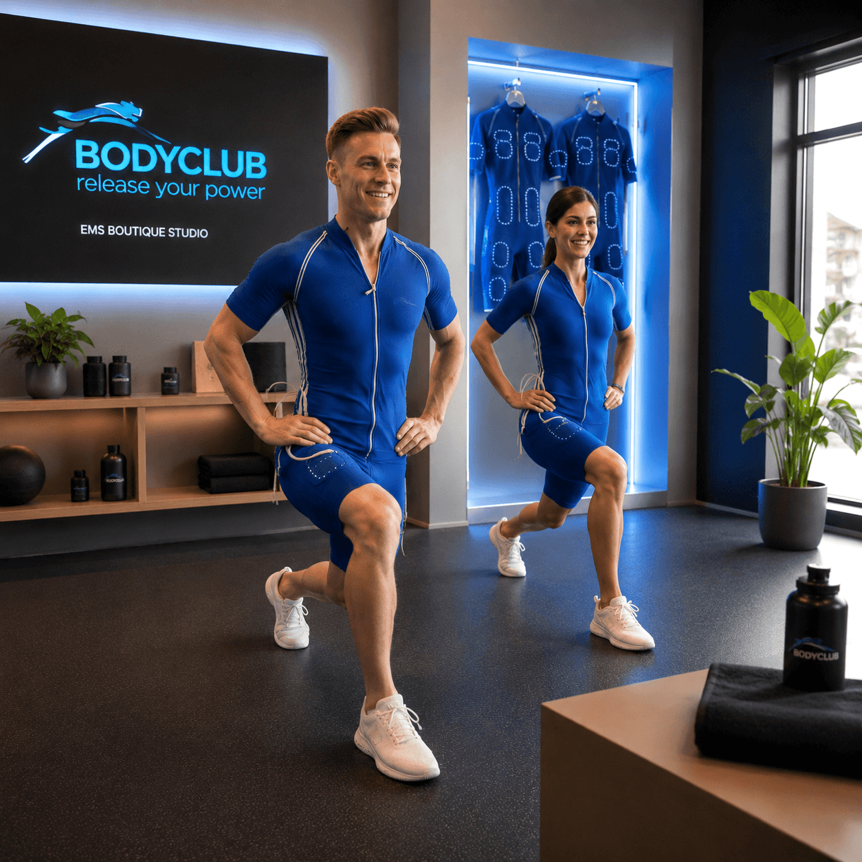 BODYCLUB EMS Boutique Studio mit trainierenden Models in blauen EMS-Anzügen – betreut durch Jörn Boysen im Bereich Marketing, Positionierung, Kommunikationsdesign und Vertriebsunterlagen.
