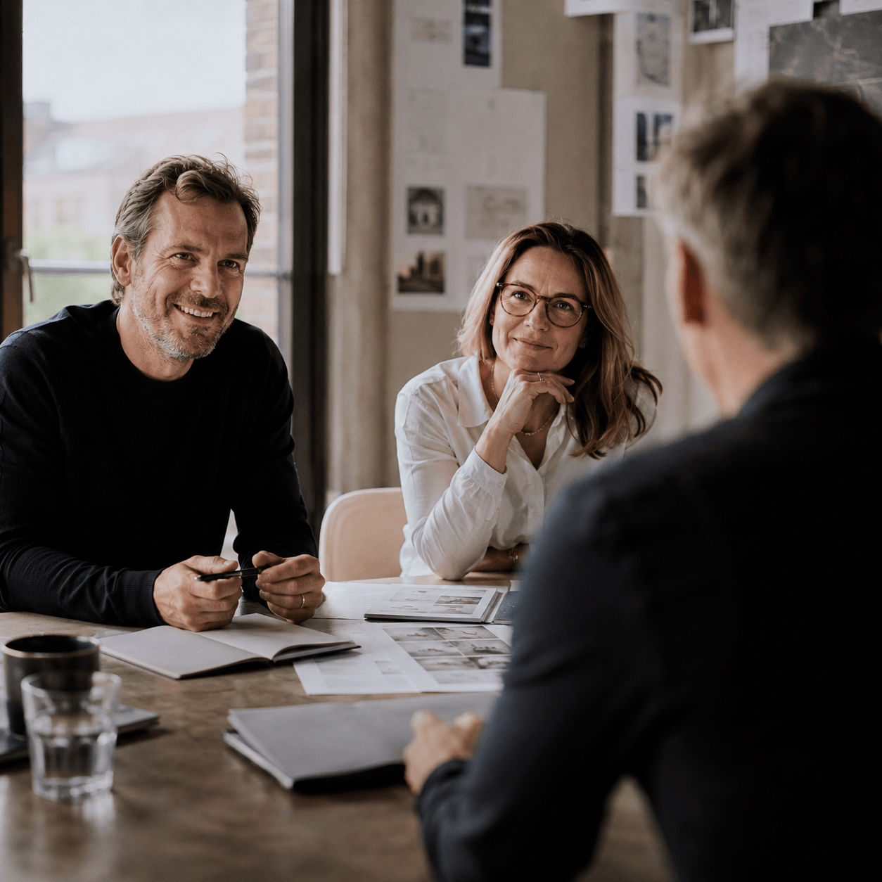 Sympathische Beratungssituation mit Kundinnen und Kunden im persönlichen Gespräch mit Jörn Boysen von BOYSEN & BRANDS – Fokus auf Markenberatung, Strategie und gemeinsame Entwicklung.