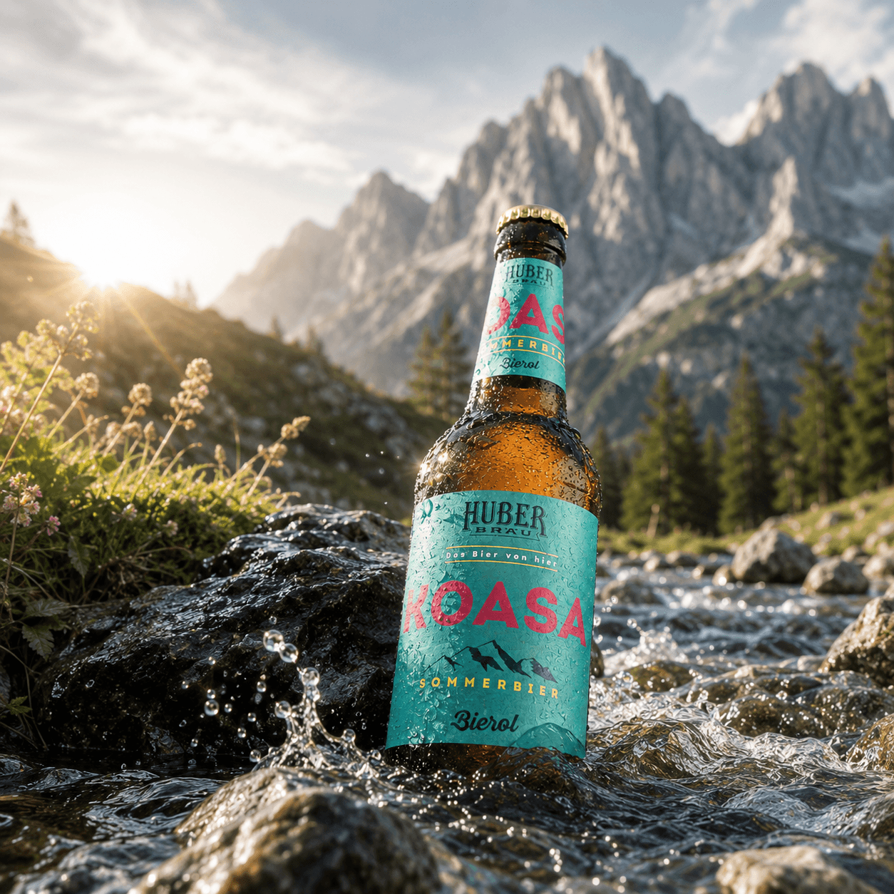 KOASA Sommerbier von Huber Bräu in einer alpinen Bergquelle vor Tiroler Bergkulisse – betreut durch Jörn Boysen im Bereich Markenpositionierung, Etikettendesign und Kampagnenkommunikation.
