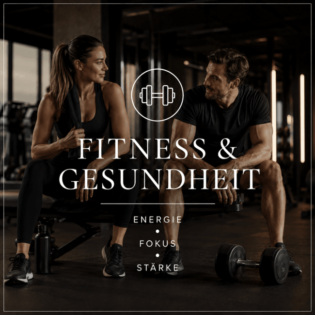 Premium-Fitnessstudio-Szene für BOYSEN & BRANDS mit sportlichem Paar, Hantel-Icon und hochwertiger Atmosphäre als Symbol für Energie, Fokus und Stärke.