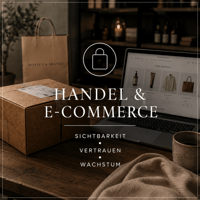Hochwertige E-Commerce-Szene für BOYSEN & BRANDS mit Laptop, Verpackung und Online-Shop als Symbol für Sichtbarkeit, Vertrauen und Wachstum im digitalen Handel.