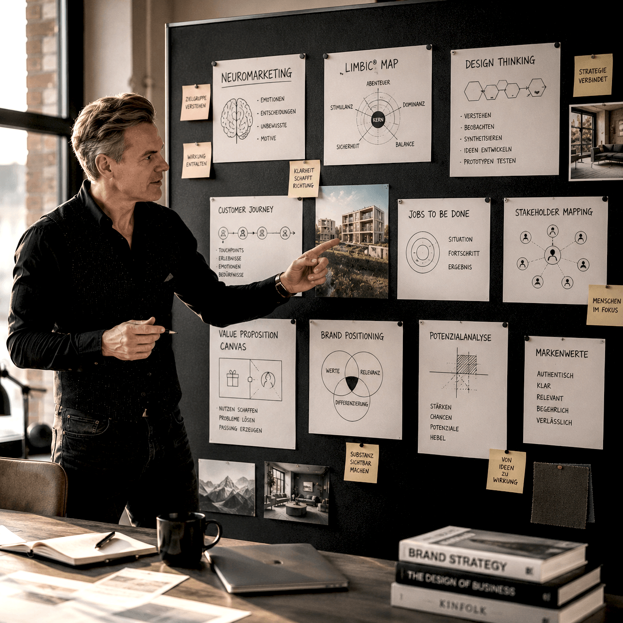 Jörn Boysen, Marketingberater und Gründer von BOYSEN & BRANDS, vor einem Strategieboard mit Markenstrategie, Neuromarketing, Design Thinking und Customer Journey.