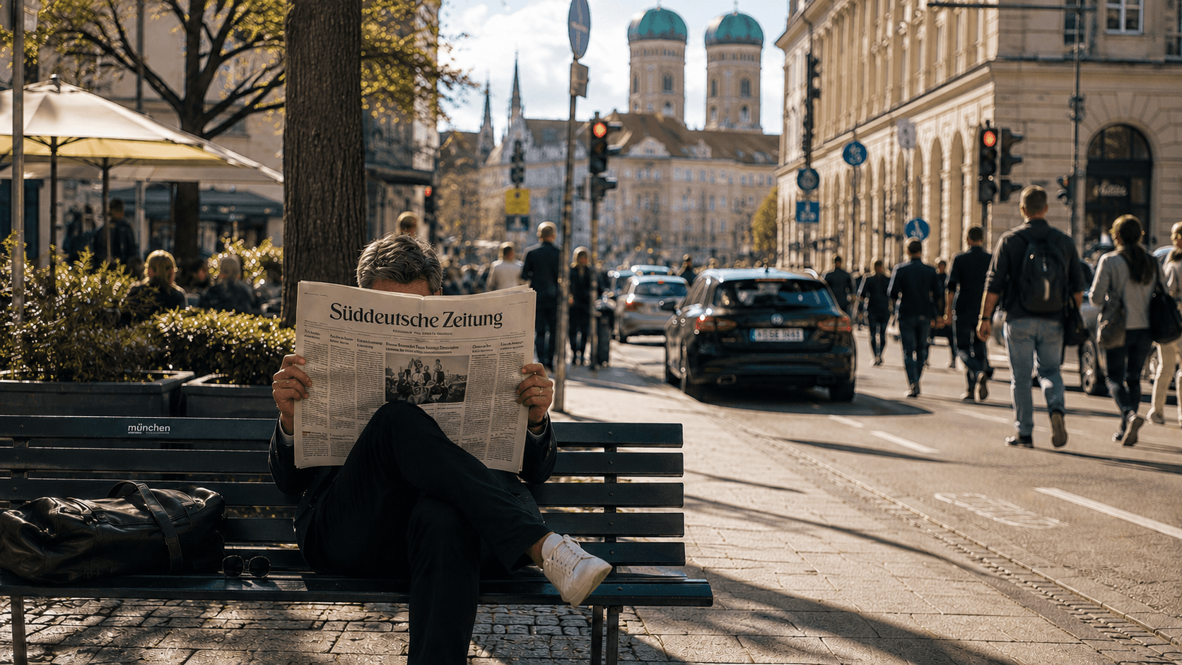 Stilvoller Business-Moment in München: eine entspannte Person sitzt auf einer Bank und liest Zeitung, während das Stadtleben im Hintergrund vorbeizieht
