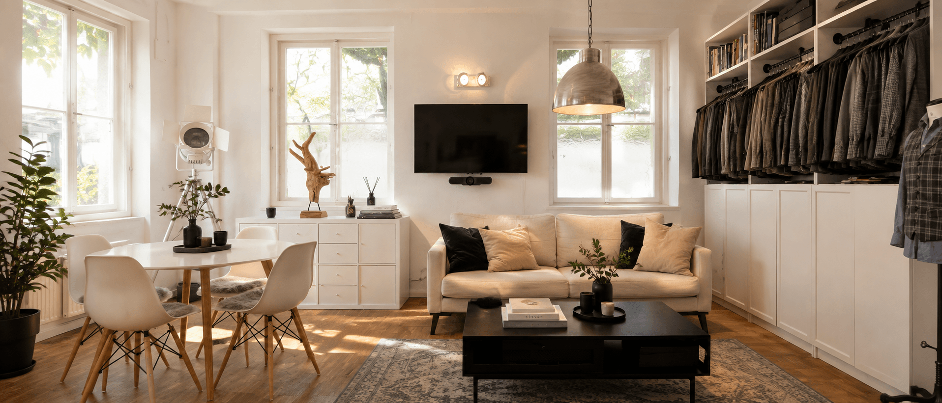 Helles BOYSEN & BRANDS Büro in München mit Besprechungstisch, Sofa, Büchern und Garderobe für persönliche Markenberatung und Marketingberatung mit Jörn Boysen.